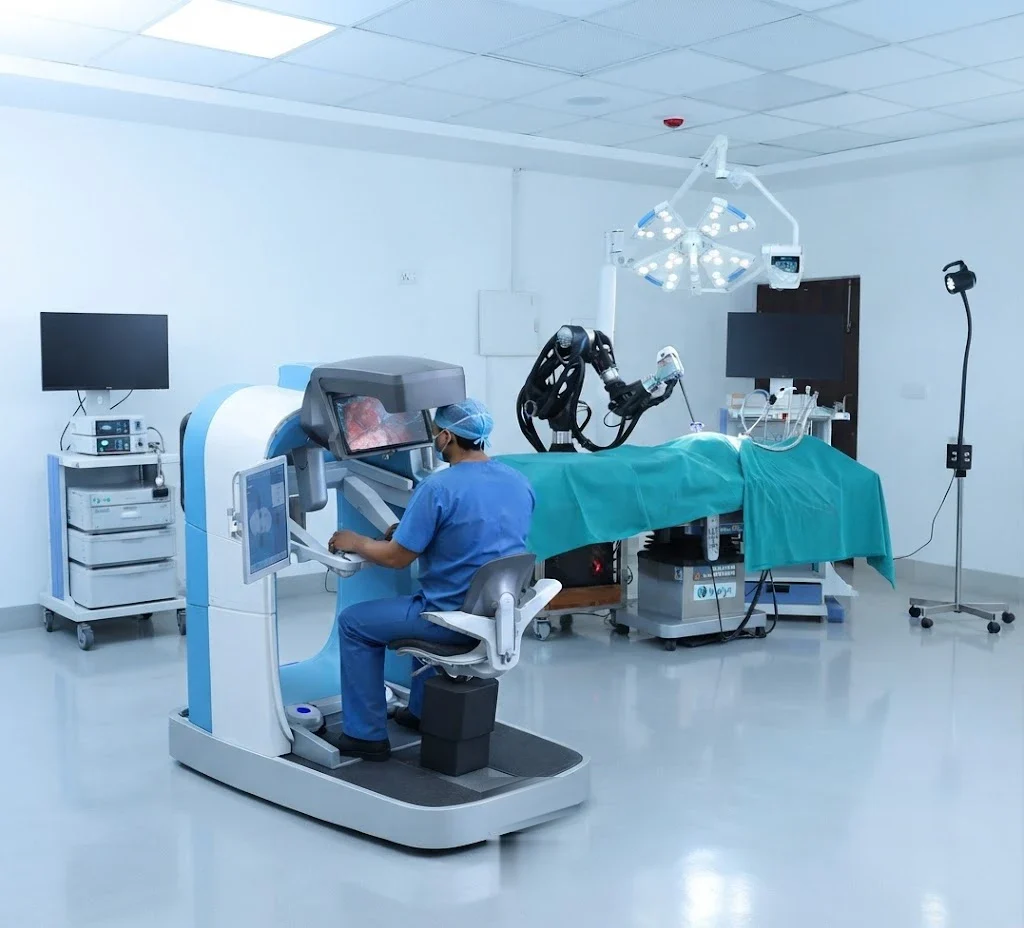 Concept visualisation of the Robotic Surgical Trainer setup: an operator seated at a console with hand controls and displays, and the robotic arm at a draped training table.